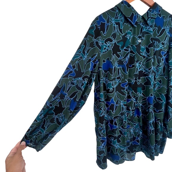 LOGO Lori Goldstein Tunic Shirt 2X Blue Green Floral Workwear Office Liquid Knit - Picture 2 of 9